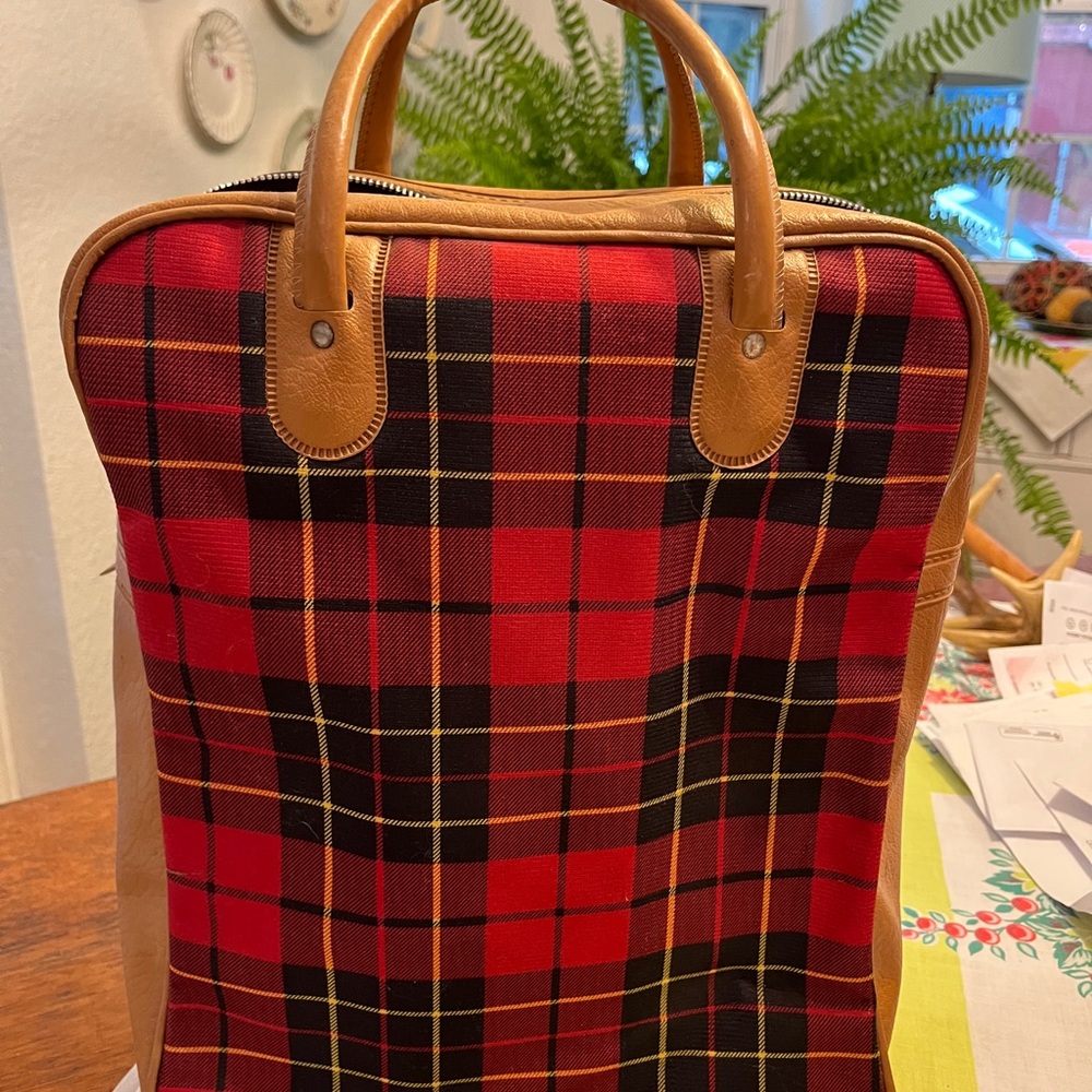 Vintage 70s Thermos Plaid Duffel Bag with Tan Accents